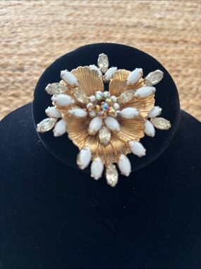 Hobé signed white milk glass aurora borealis (AB) rhinestone floral brooch